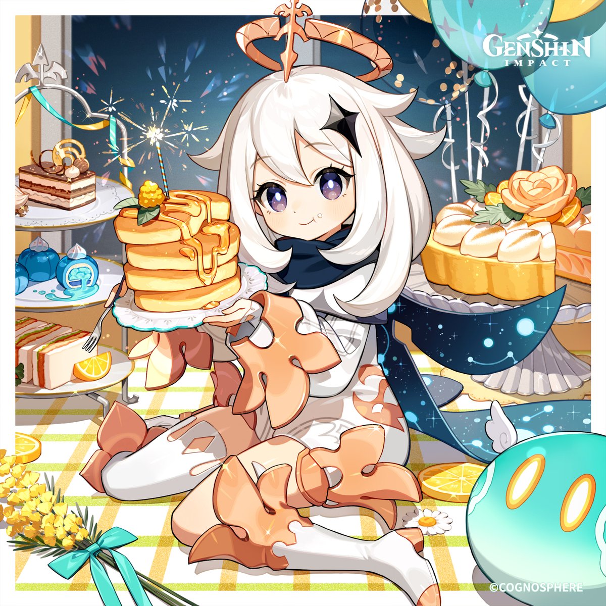 Happy Birthday, #Paimon! #GenshinImpact

Ahem. Traveler, you have presents for Paimon today, don't you?
Aww, these are the presents you prepared already? Paimon knew you wouldn't forget about her birthday! Hee-hee.
Whoa, s—so many desserts! *chomp* *munch* These are all Paimon's