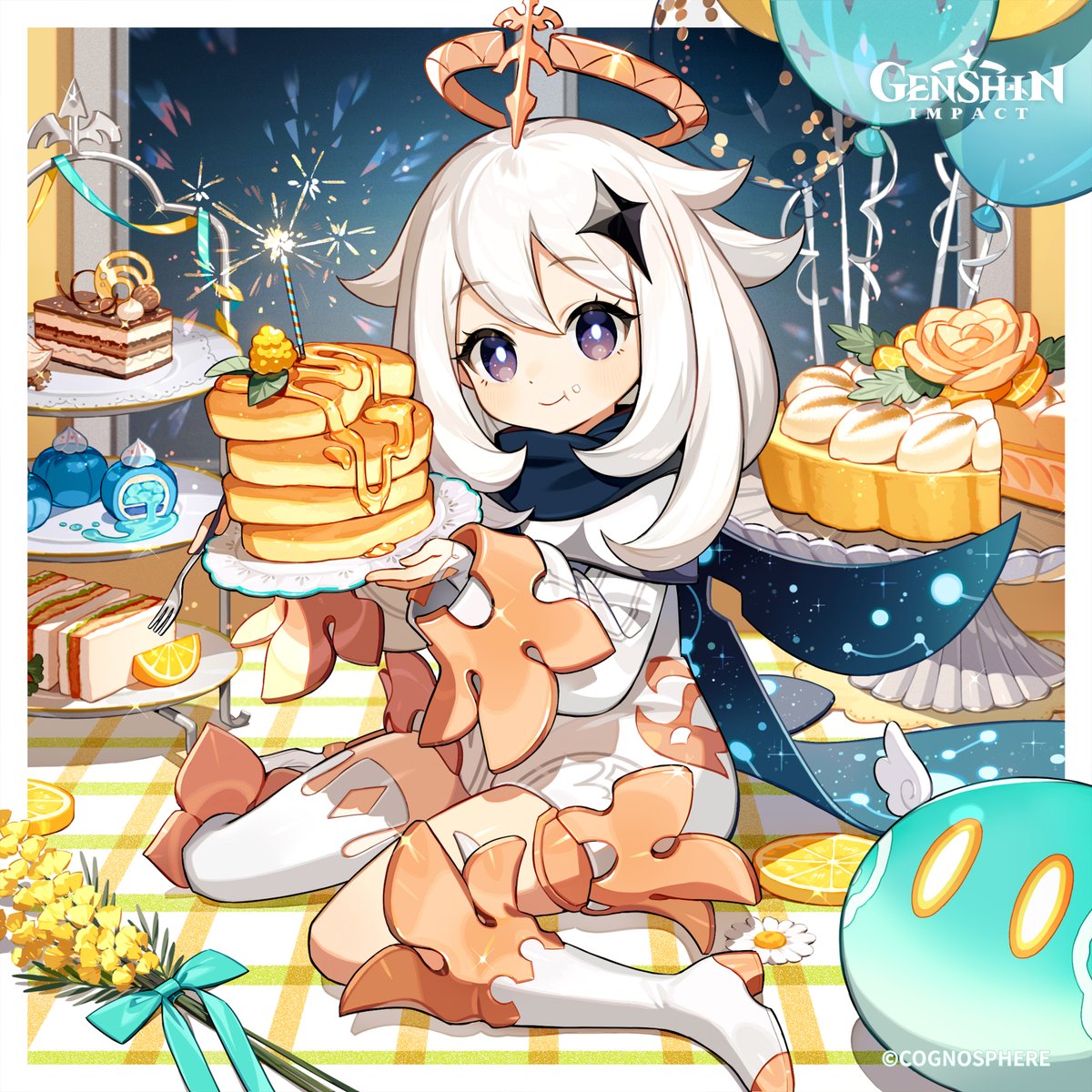 Happy Birthday, #Paimon! #GenshinImpact Ahem. Traveler, you have presents for Paimon today, don't you? Aww, these are the presents you prepared already? Paimon knew you wouldn't forget about her birthday! Hee-hee. Whoa, s—so many desserts! *chomp* *munch* These are all Paimon's