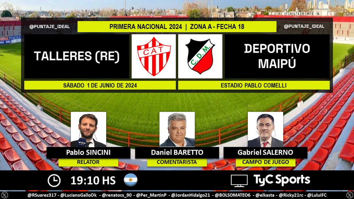 ⚽ #PrimeraNacional 🇦🇷 | #TalleresRdE vs. #DeportivoMaipú 🎙 Relator: Pablo Sincini 🎙 Comentarista: @DanielBaretto 🎙 Campo de juego: @salernogabi 📺 @TyCSports 🇦🇷 💻📱 @TyCSportsPlay 🇦🇷 🤳 #NacionalEnTyCSports Dale RT 🔃