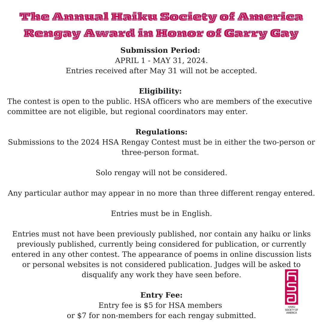 Last Day to Enter to enter the 2024 HAIKU SOCIETY OF AMERICA RENGAY CONTEST!

Full contest details here: hsa-haiku.org/hsa-contests.h…

#PoetryContest
#HaikuContest 
#Haiku 
#Rengay 
#CollaborativePoetry 
#GloryAndFameForever 
#PoetryImmortalization 
#RetireEarlyAmongTheCherryBlossoms