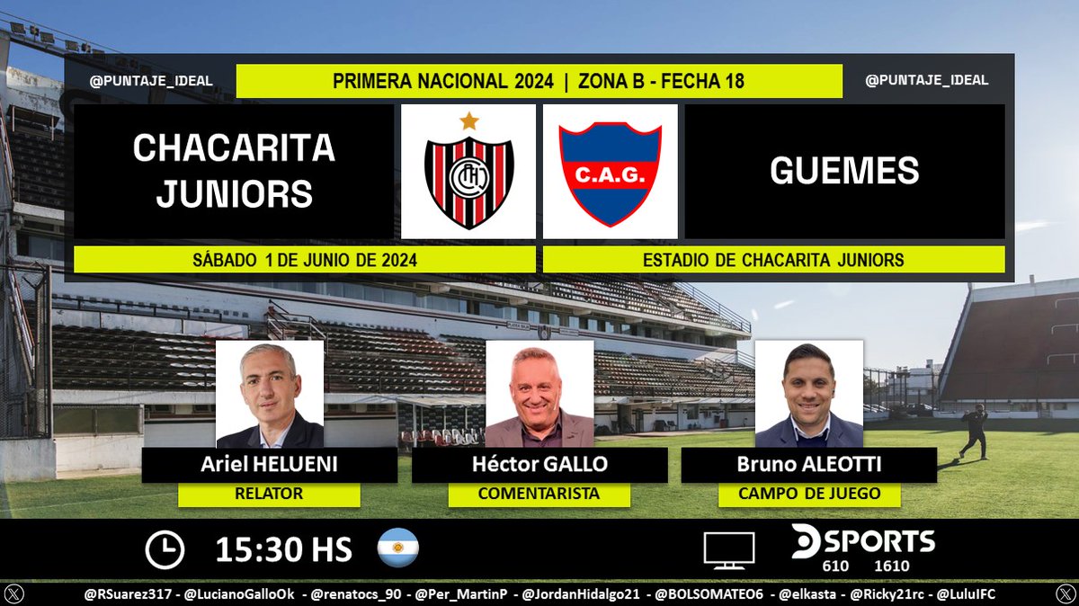 ⚽ #PrimeraNacional 🇦🇷 | #Chacarita vs. #Güemes 🎙 Relator: @aruli75 🎙 Comentarista: @HectorGalloOk 🎙 Campo de juego: @brualeotti 📺 @DSports (610-1610) 🇦🇷 💻📱 @DGO_Latam 🇦🇷 🤳 #FutbolEnDSPORTS - #AscensoEnDSPORTS - @DSportsAR Dale RT 🔃