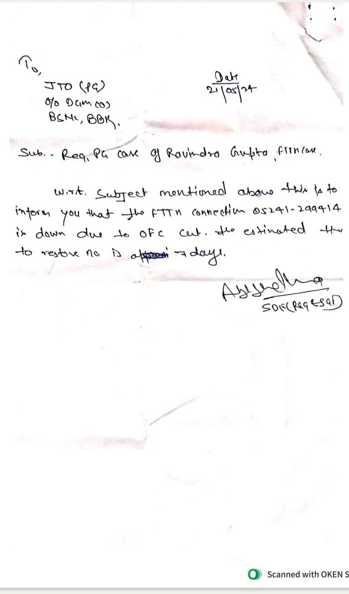 RavindraGupta07's tweet photo. @DoT_India
@BSNLCorporate 
It's  one month passed all FTTH bharat fiber connection in my locality  have no internet because of their cable cut. poor service and no response of  authority. I complained on pgportal and they said it will restore within 7 days but still same problem https://t.co/K5xEclPBbA