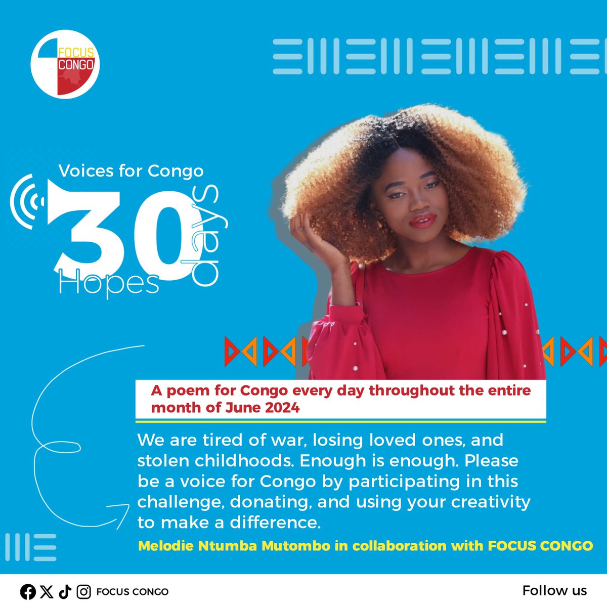 We are tired of war, losing loved ones, and stolen childhoods. Enough is enough. Please be a voice for Congo by participating in this challenge, donating, and using your creativity to make a difference.

#june #voicesforcongo #congo #focuscongo #donate #urgent