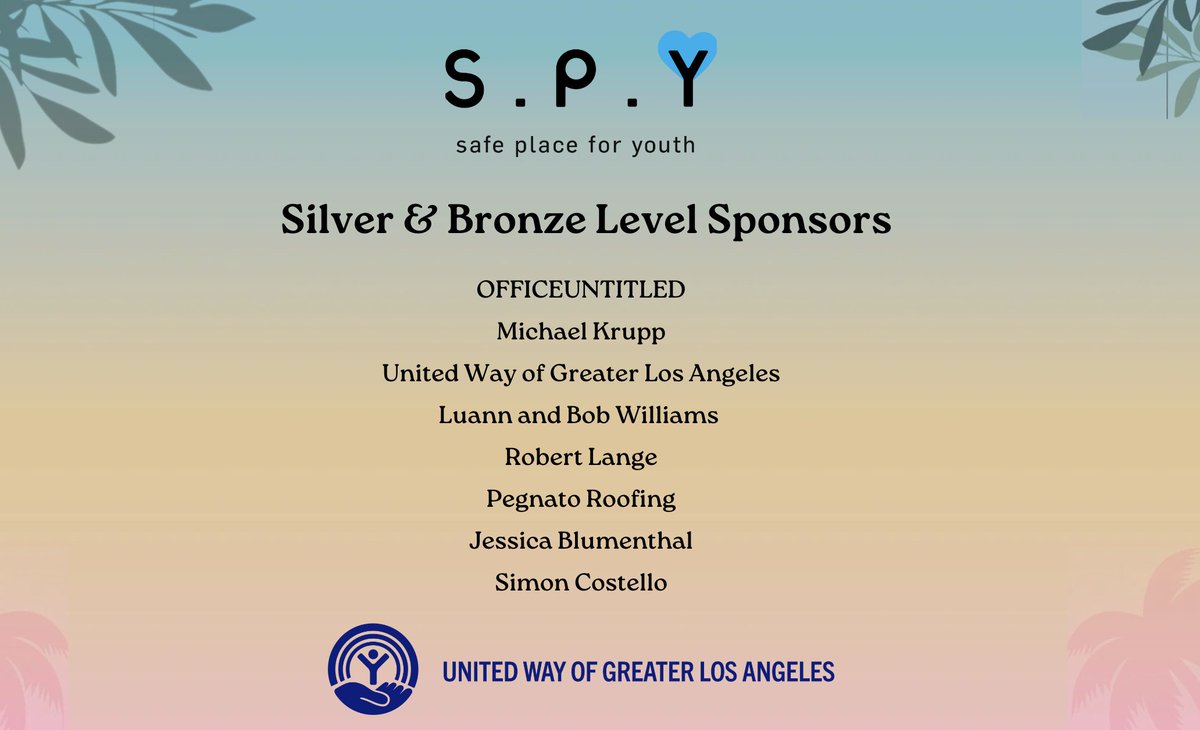 SPY’s Evening of Inspiration is 2 weeks away. There's still time to buy your tickets &amp; sponsor!

Join us on June 9th, and be a part of ending youth homelessness.

Find out more by clicking here: give.safeplaceforyouth.org/event/spys-eve…

<a href="/MaternLawGroup/">Matern Law Group, PC</a> <a href="/GUESS/">GUESS</a> <a href="/Guayaki/">YerbaMadre</a> <a href="/CityNational/">City National Bank</a> <a href="/UnitedWay/">United Way</a>