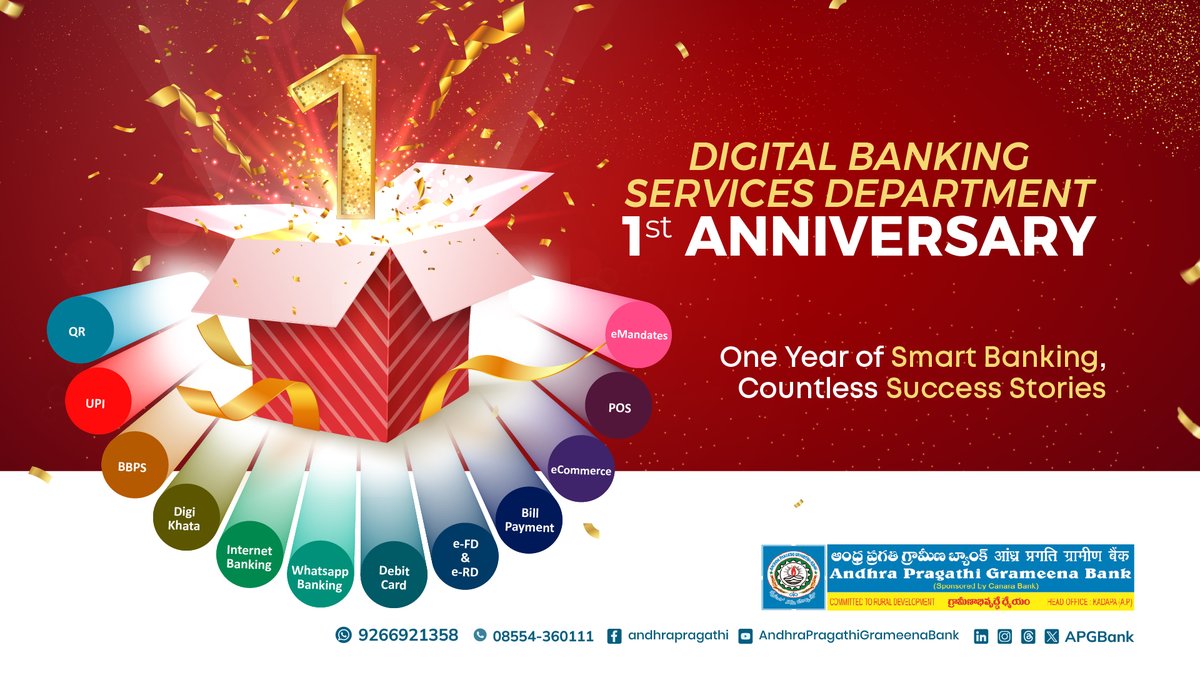 APGBank's tweet photo. Digital Banking Services Department 1st Anniversary
One Year of Smart Banking, Countless Success Stories
#andhrapragathigrameenabank #apgb #digitalbankingservice #anniversary #banking #loans https://t.co/LRee6GeeHU