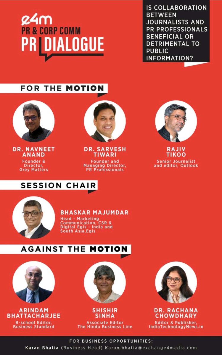 Probasibangali's tweet photo. I appreciate @e4mtweets, @anuragbatrayo @nawalahuja & @karanbhatias for pioneering the industry first and innovative initiative #PRDialogue “The Great Debate” Series 🎙 Their significant contributions to the communication industry are commendable 👏
I am also honored to be part of the initiative and I will be chairing a debate on a very critical topic, "Is Collaboration Between Journalists and PR Professionals Beneficial or Detrimental to Public Information" 🎤
Joining me will be industry stalwarts 👨👩👦 -
~ @navneetanand (Founder & Director, @GreyMattersPR,
~ @SarveshSays, Founder at @prprofessional7
~ @rajivtikoo7 (Sr. Journalist & Editor, Outlook Publishing (India) Pvt. Ltd.),
~ Arindam Bhattacharjee (B School Editor, Business Standard,
~ शिशिर सिन्हा @shishirs2, (Associate Editor, businessline) and
~ Dr Rachana Chowdhary (Editor & Publisher, https://t.co/Pb3NKkSLV5).
🗓 Date: June 1st, 2024
⏰ Time: 6:30 PM to 7:20 PM
🏚 Venue: The Park, Connaught Place, New Delhi
#Media #PR #Insights #IndustryExperts #Event #Marketing #CorpCom
#Digital
@CommsAdda