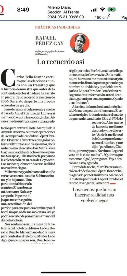 Felipe Calderón 🇲🇽🇺🇦 (@felipecalderon) on Twitter photo ¡Lean esto!: 👇
"Andrés (<a href="/lopezobrador_/">Andrés Manuel</a>) me llevó al balcón, me puso la mano en el hombro y me dijo: 'perdimos, Chemita, por muy poco. No vimos llegar el voto de la clase media"'.
“Entrada la noche, Marti Batres anunció en el Zócalo que López Obrador había ganado por 500 mil ¡Lean esto!: 👇
"Andrés (<a href="/lopezobrador_/">Andrés Manuel</a>) me llevó al balcón, me puso la mano en el hombro y me dijo: 'perdimos, Chemita, por muy poco. No vimos llegar el voto de la clase media"'.
“Entrada la noche, Marti Batres anunció en el Zócalo que López Obrador había ganado por 500 mil