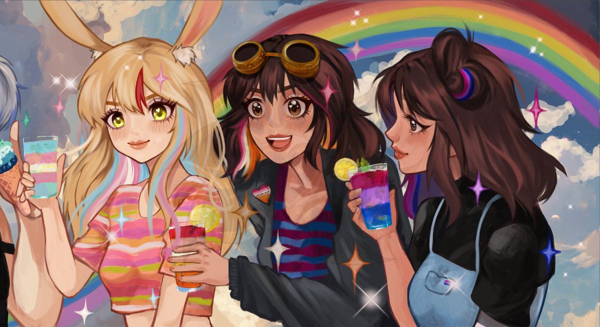 BLuxProd's tweet photo. Que vemos!? 
Oh! son algunos de nuestros personajes disfrutando de una deliciosa bebida que los representa. ✨🏳️‍🌈🏳️‍⚧️
Este mes se vienen muchas cositas bonitas, visibilizamos el amor, incluso el amor propio de Eryik(?

Illus: @SoftToast7 https://t.co/jmMxAf7rNs