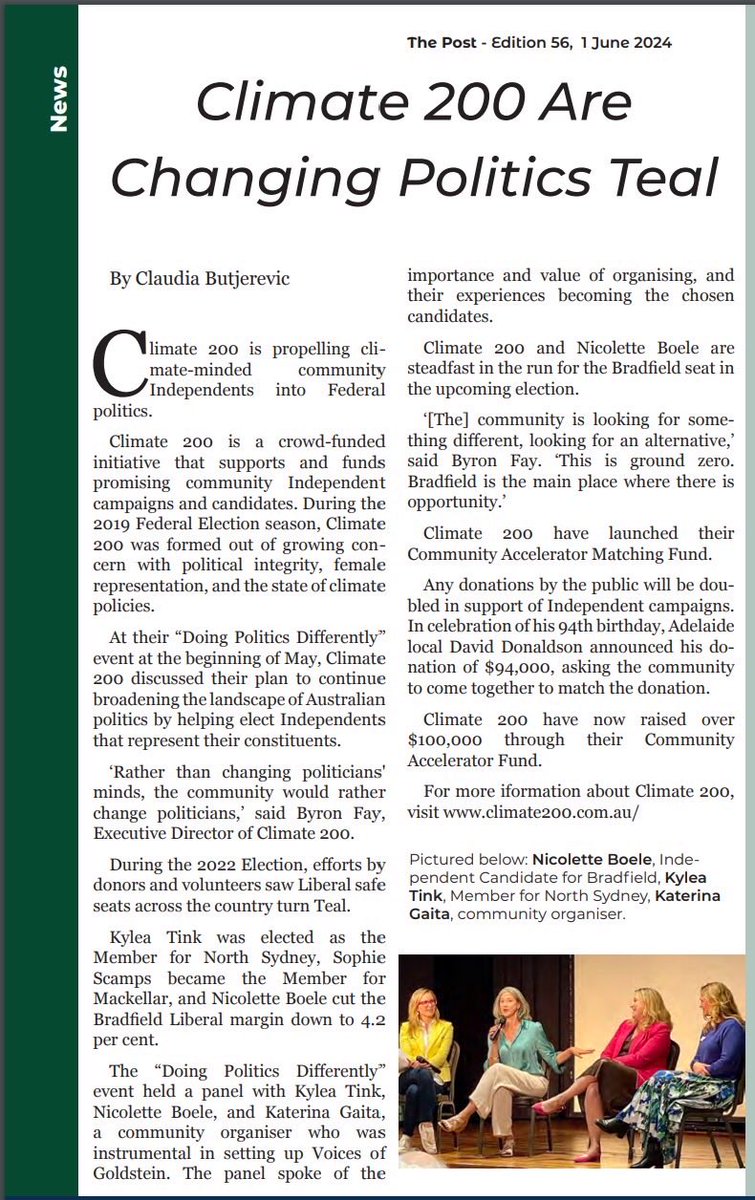 Nicolette_Boele's tweet image. Independent media ⁦@HornsbyKu⁩ covering the local campaign for electing more pro-integrity, pro-climate independents to the federal parliament’s crossbench. 

#BetterIsPossible ⁦@VoicesBradfield⁩ ⁦@KyleaTink⁩
