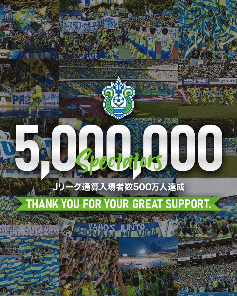 ／
通算入場者数 500万人を達成🟢🔵
︎＼　

本日2024年6月1日、クラブにおけるJリーグ（J1、J2）通算ホームゲーム入場者数が500万人を達成しました👏👏

これまでご来場いただいた全ての皆さまに心より感謝いたします。
本当にありがとうございます‼︎‼︎
#bellmare