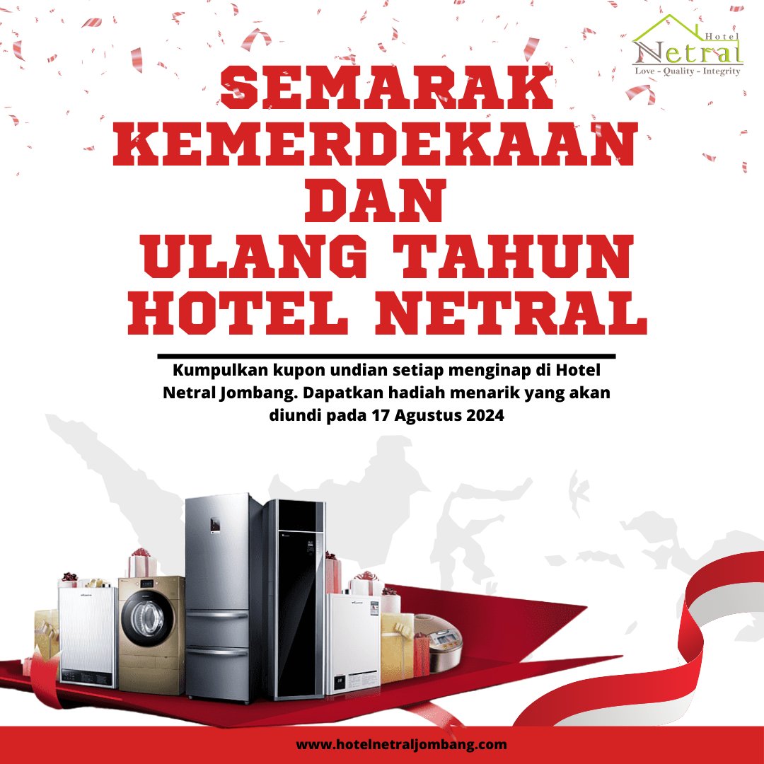 netralhotel's tweet photo. Yuk datang dan menginap di Hotel Netral dapatkan cupon undian Gebyar Ulang Tahun Netral yang akan banyak sekali hadiah yg bisa dimenangkan.... 
#hotelmurahjombang #hoteldekatrumahsakit #hoteldijombang #hotelnetraljombang #hoteljombang #eventulangtahunhotel #semarakkemerdekaan https://t.co/UlgNwkRd41