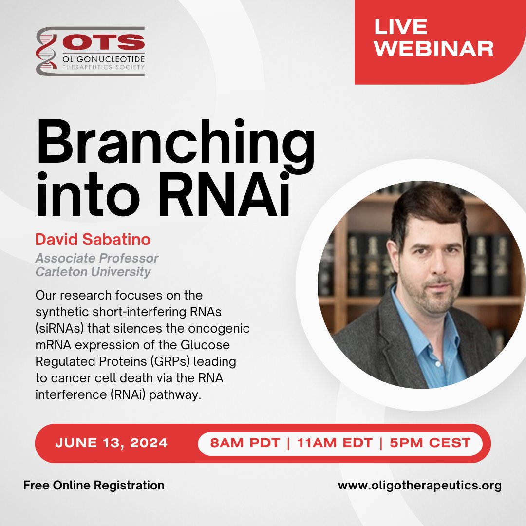 OTSociety's tweet photo. Registration is OPEN for our webinar "Branching into RNAi!"

Date: June 13th, 2024, 8 am PDT

Webinar Registration &amp; Details: https://t.co/xryFyBBshX  

#OTS #oligotherapeutics #oligonucleotides #science #RNAi #webinar #syntheticsiRNA #cancer #cancerresearch #currentscience https://t.co/3zgeB1QDaY