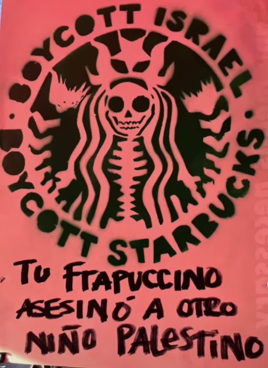 VIM_Media's tweet photo. “Boycott Israel. Boycott Starbucks. Your frappuccino kills another Palestinian child” stencil seen in Mexico City. ❤️🖤🤍💚📸IG:petite_riot #FreePalestine https://t.co/it9OWK9xOu