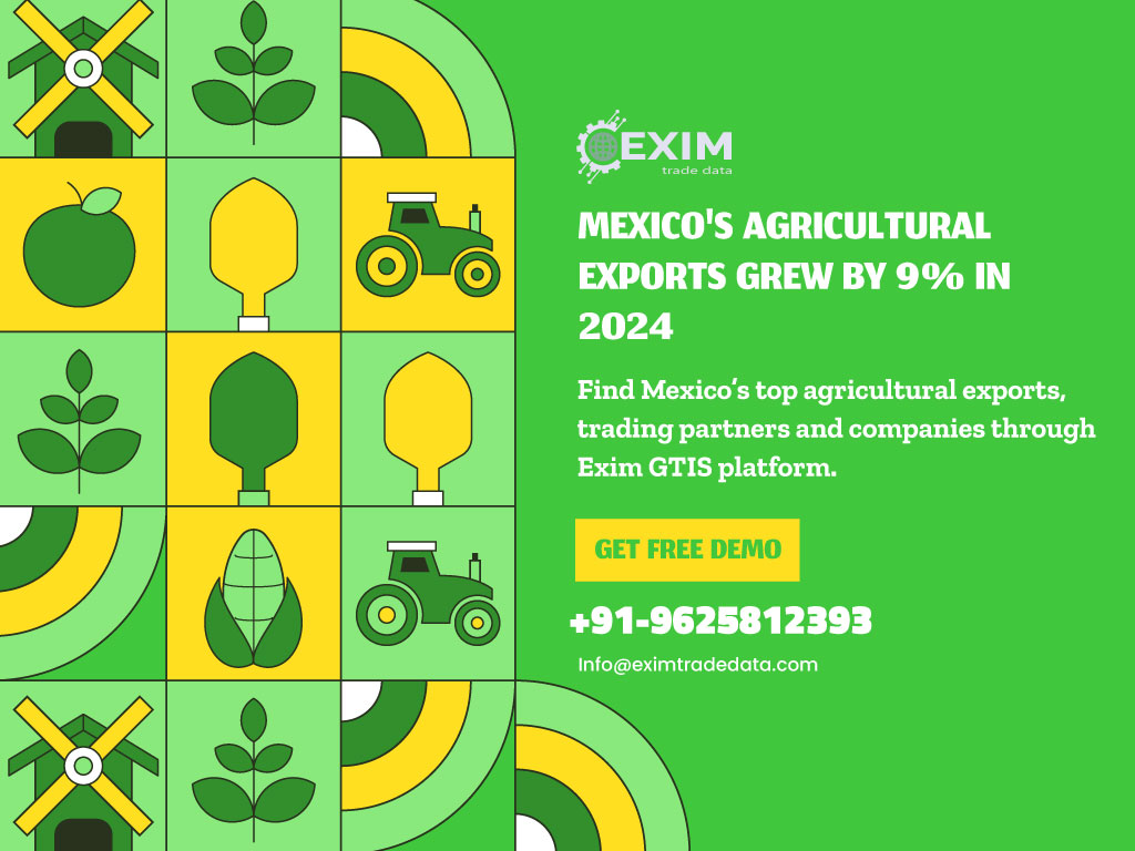 Mexico's agricultural exports grew by 9% during FY 2024. Find Mexico's top agricultural exports, trading partners, and companies through Exim GTIS platform.

Read more: rb.gy/pmn9vx
