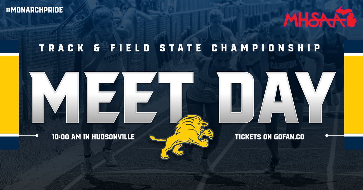 🏃‍♀️ Track State Championship! 🚨

🚌: Away
🆚: MHSAA Division 4 Finals
🏟️: At Baldwin Middle School
📍: Hudsonville, Michigan
⏰: 10:00 AM
🗓️: June 1st, 2024
🎟️: gofan.co/event/1513269?…

#MonarchPride