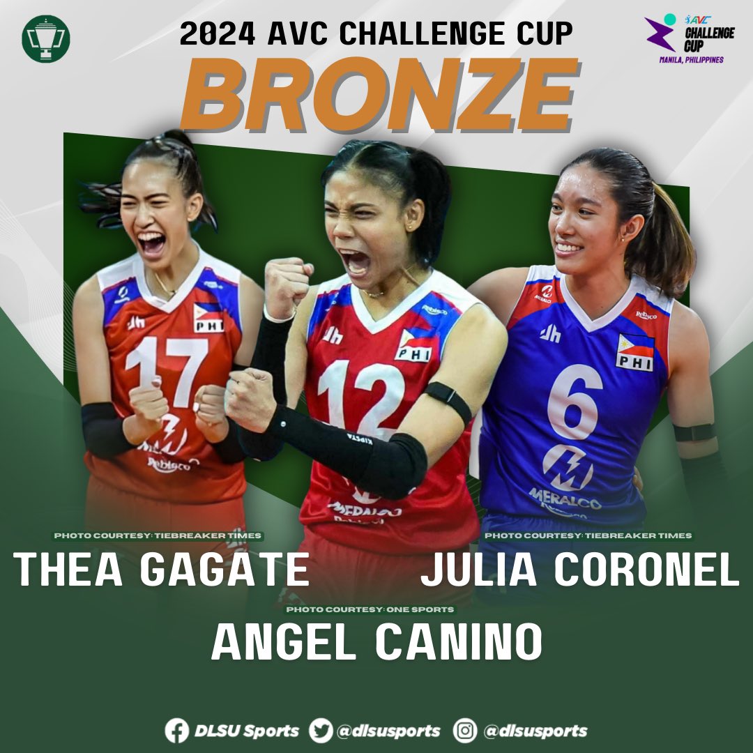 ANIMO PRIDE! 🤩  

Congratulations to DLSU Lady Spikers, Angel Canino, Thea Gagate, and Julia Coronel, for representing the country at the Women’s 2024 AVC Challenge Cup!🥉 

#GreenAllIn4TheWin #AnimoLaSalle #GoLaSalle #DLSUSports