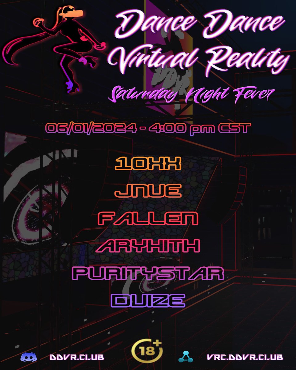 DDVR Saturday Night Fever in #VRChat!
6/1 Lineup - Times in US Central
4 PM - <a href="/10xxmusic/">10xx</a> 
6 PM - JNue
8 PM - <a href="/F4LLENx4NGEL/">FALLEN_</a> 
9 PM - Aryhith
10 PM - <a href="/PurityStar36/">Purity ✰</a> 
11 PM - <a href="/dvize_/">Dan</a> 
💜Discord: ddvr.club -😼VRCGroups: vrc.ddvr.club