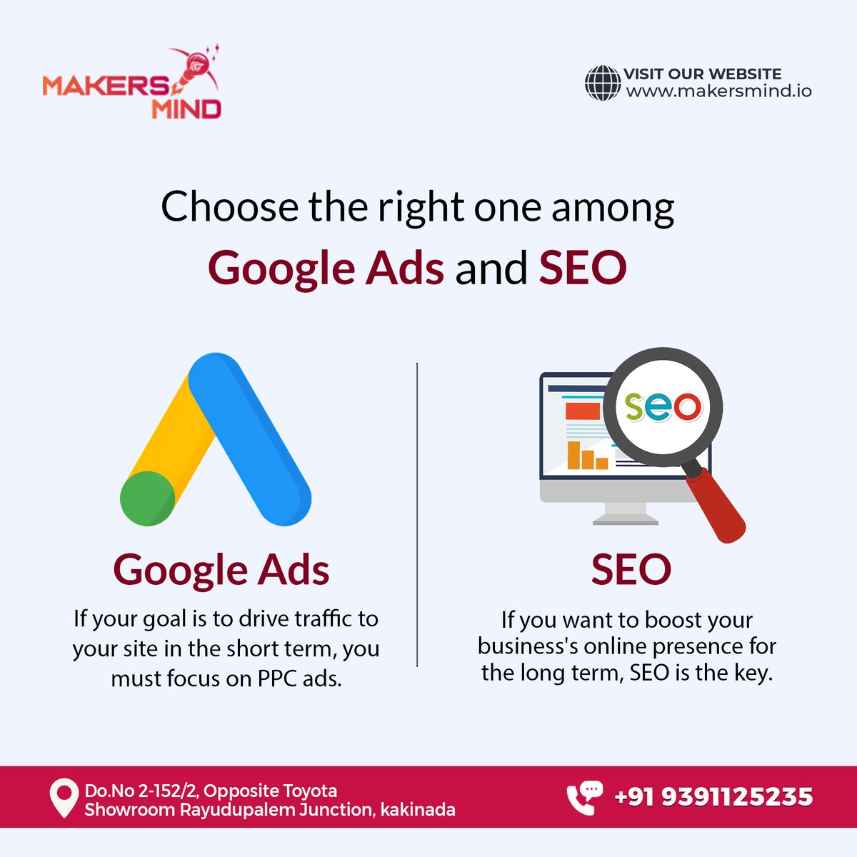 The choice between Google Ads and SEO isn't easy. Google Ads offers immediate visibility, while SEO builds lasting credibility over time.
.
don't hesitate we will guide you!
.
Contact: 9391125235
Visit us at:makersmind.io
.
#seo #googleads #onlinepresence #organicreach