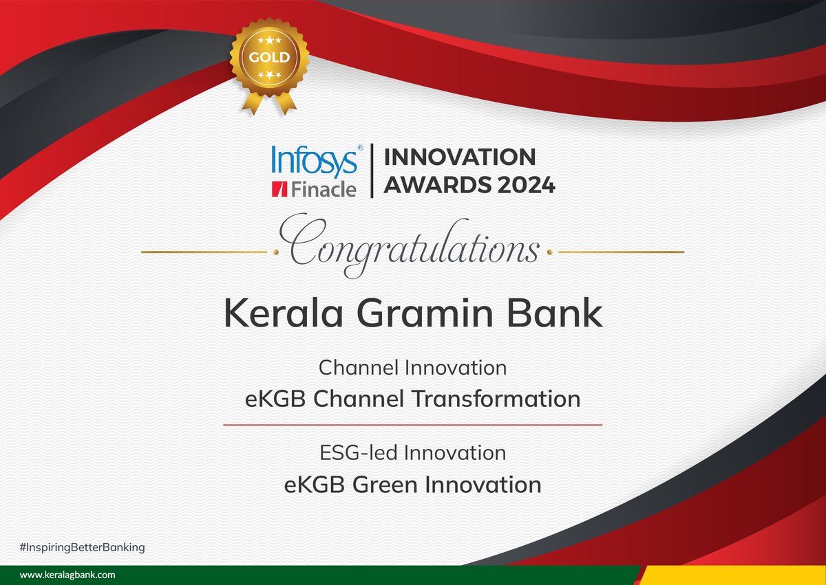 We proudly inform that the Kerala Gramin Bank has won eKGB Channel Transformation & eKGB Green Innovation Awards 2024 by Infosys Finacle.

#keralagraminbank #KGB #Kerala #InfosysFinacle #InspiringBetterBanking