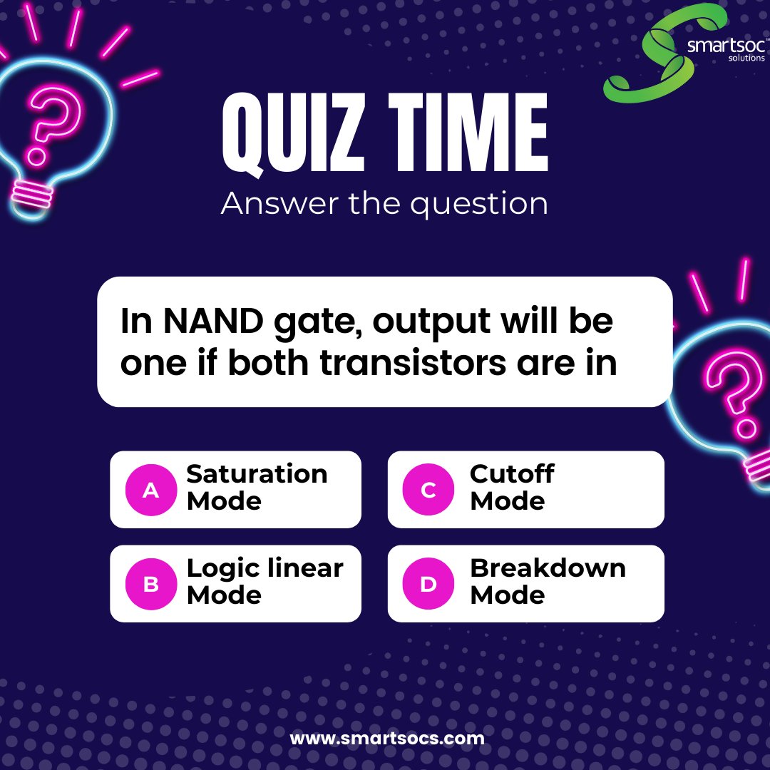 smartsocs's tweet image. 🔍 Quiz Time!
In a NAND gate, the output will be 1 if both transistors are in which mode?
A. Saturation Mode
B. Logic Linear Mode
C. Cutoff Mode
D. Breakdown Mode
Comment your answer below! #TechQuiz #DigitalLogic #Semiconductors #NANDGate #SmartSoC