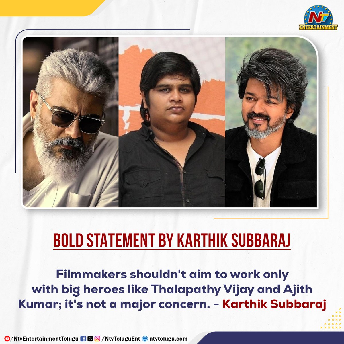 Filmmakers shouldn't aim to work only with big heroes like Thalapathy Vijay and Ajith Kumar; it's not a major concern. - Karthik Subbaraj #KarthikSubbaraj #ThalapathyVijay #ThalaAjith #Suriya44 #Movie #NTVENT