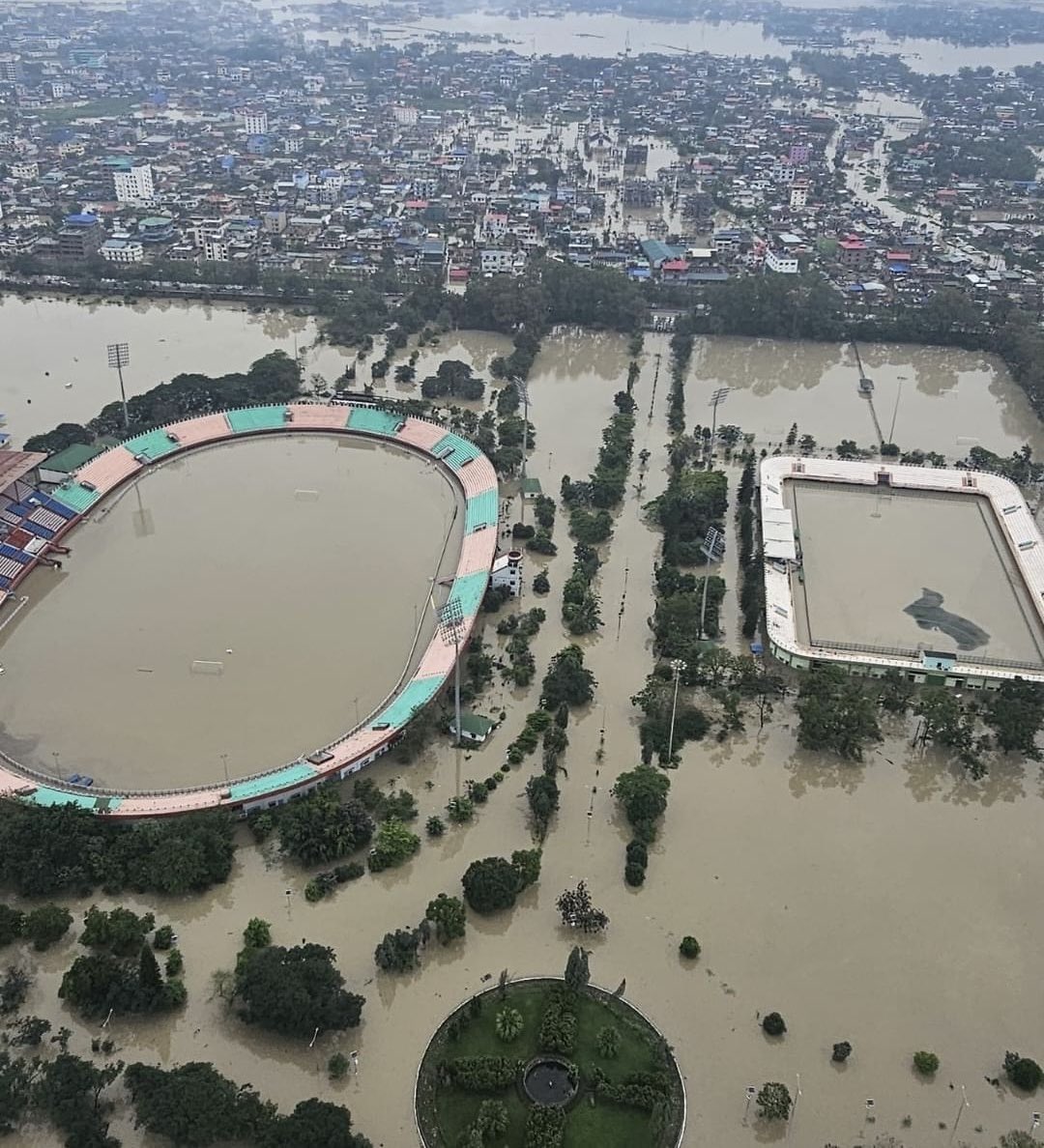 A pic of our Khuman Lampak Stadium Complex on the first few days of the floods due to the cyclone. Things are slightly getting better now in various places, as most breaches have now been repaired across both Imphal and Nambul Rivers.