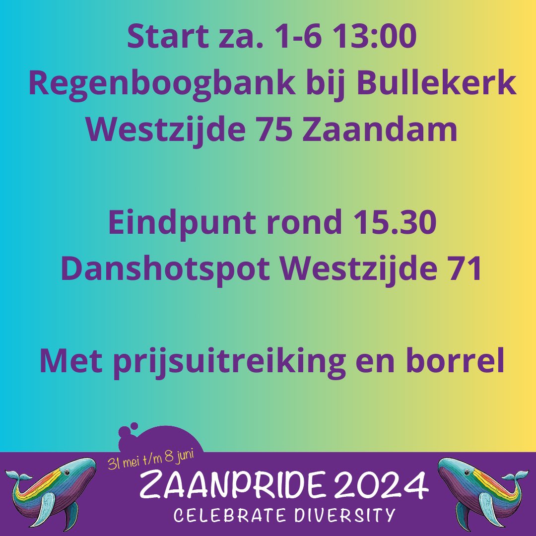 🏳️‍🌈 🐋🏳️‍⚧️De Zaanse Regenboogweek is van start gegaan 💜 Wij wensen iedereen een Happy ZaanPride toe! #zaanpride #dezaanseregenboog #gemeentezaanstad