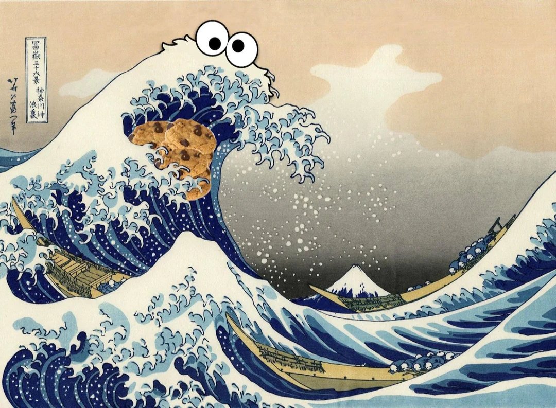 The Blue Wave of Cookie Monster, also known as 'Sea is For Cookie' is a jpeg inspired print of The Great Wave by the Japanese artist Hokusai. It's an example of the fusion of internet imagery, the designer is not known.