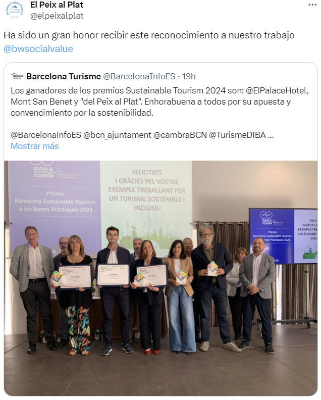 Muchas gracias  <a href="/elpeixalplat/">El Peix al Plat</a>  por ser parte de #BWSV24  Felicidades por el reconocimiento a vuestro trabajo #sostenibilidad