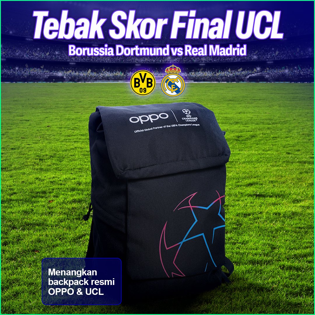 Quiz tebak skor Final UCL!
Syarat nya:
→ Follow <a href="/OPPOIndonesia/">OPPO Indonesia</a> 
→ Retweet postingan ini
→ Jawab dengan hastag #OPPOxUCL2024

Contoh format komen:
Dortmund 0-0 Real Madrid #OPPOxUCL2024

Jawab skor akhir 90 menit, jika masih imbang maka dihitung skor 120 menit (tanpa penalti).