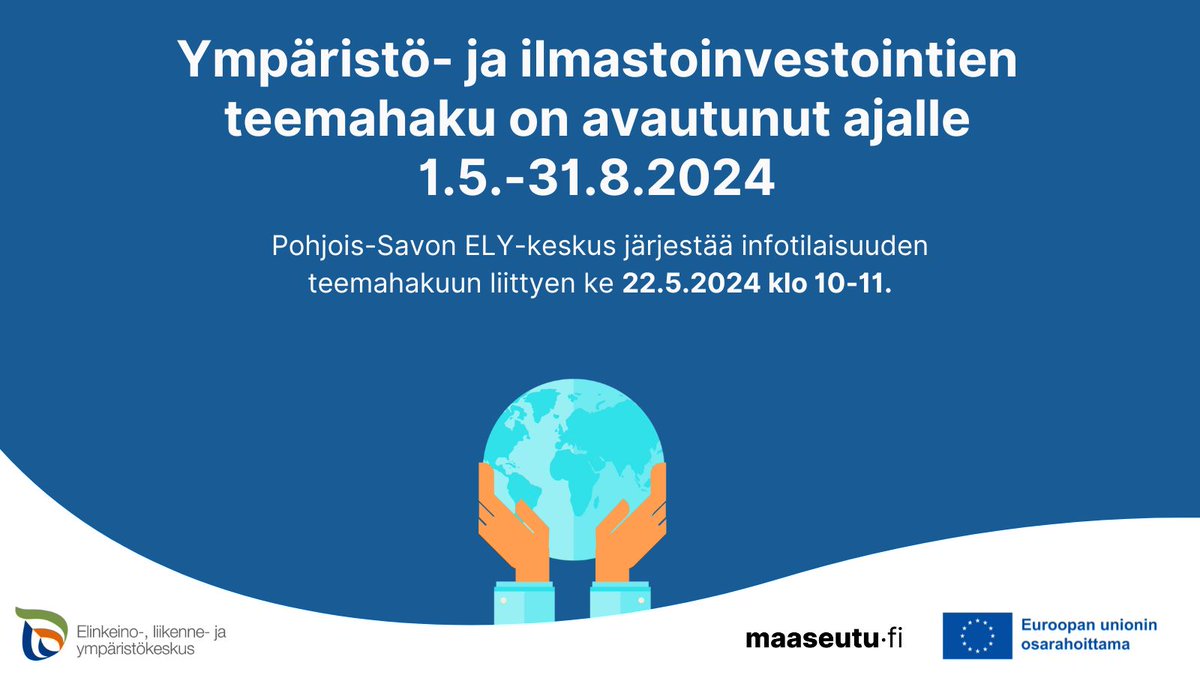 Pohjois-Savon ELY-keskuksella on auki teemahaku ympäristö- ja ilmastoinvestointeihin ajalla 1.5.-31.8.2024! ♻Teemahakuun liittyen järjestetään infotilaisuus ke 22.5.2024 klo 10-11. Tervetuloa kuulolle! Linkki tilaisuuteen kommenteissa 👇