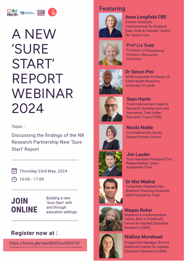 Join us for the @ChildoftheNort1 @CfYoungLives Report 4 webinar, on building foundations for a new Sure Start in & around schools. Featuring policy recommendations, an overview of evidence, & presentations of innovative approaches. Register today: forms.gle/6Z6qj1HqWPmUVb…