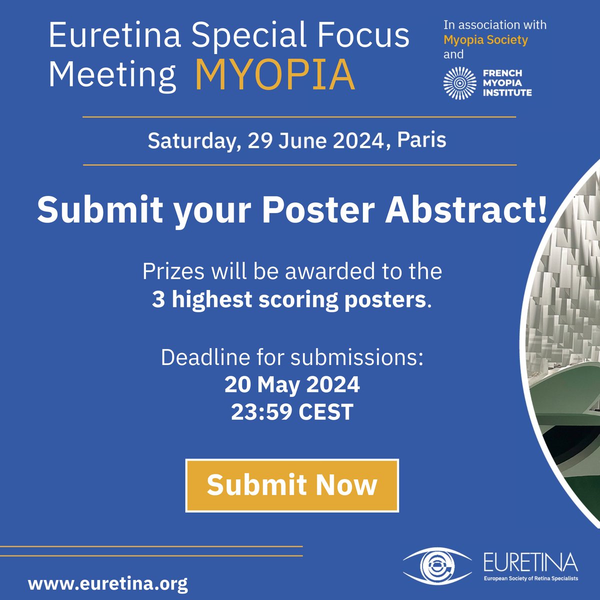 🌟 Today is the FINAL DAY to submit your abstract for the Euretina Special Focus Meeting on Myopia in Paris! Join fellow experts from around the world who've already submitted their groundbreaking work. Submit now: ow.ly/xtRY50RMI77 #EuretinaSpecialFocus #Myopia