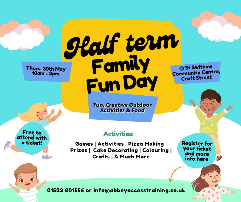 Abbey Access Training (@abbey_access) on Twitter photo FREE Family Fun Day!
Thursday 30th May, 10am to 2pm
You must register for a ticket! Please call 01522 801556, email info@abbeyaccesstraining.co.uk or through our online booking on our website FREE Family Fun Day!
Thursday 30th May, 10am to 2pm
You must register for a ticket! Please call 01522 801556, email info@abbeyaccesstraining.co.uk or through our online booking on our website