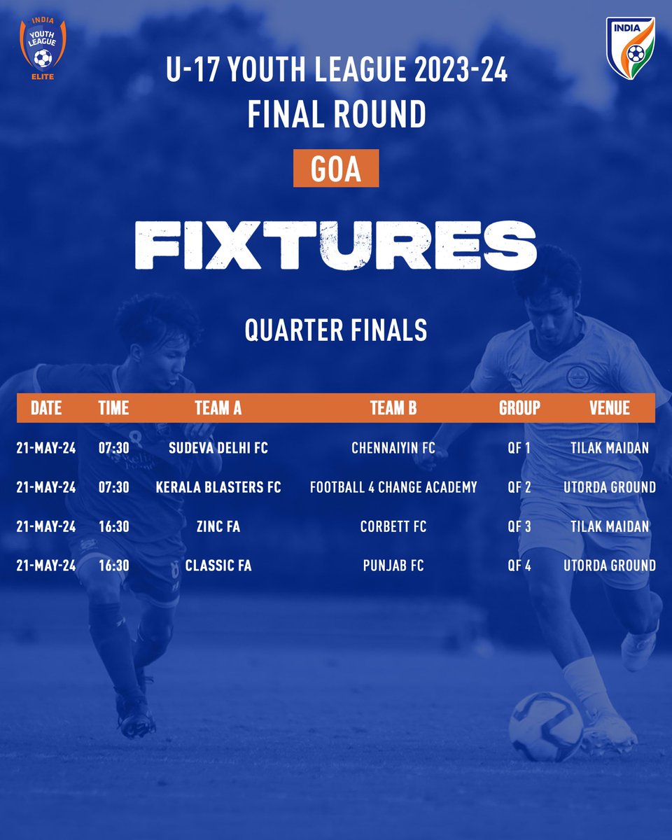 AIFF U-17 Youth League 2023-24 Quarter Finals will be held tomorrow in Goa, with 8️⃣ teams competing for the championship. 

#IndianFootball⚽