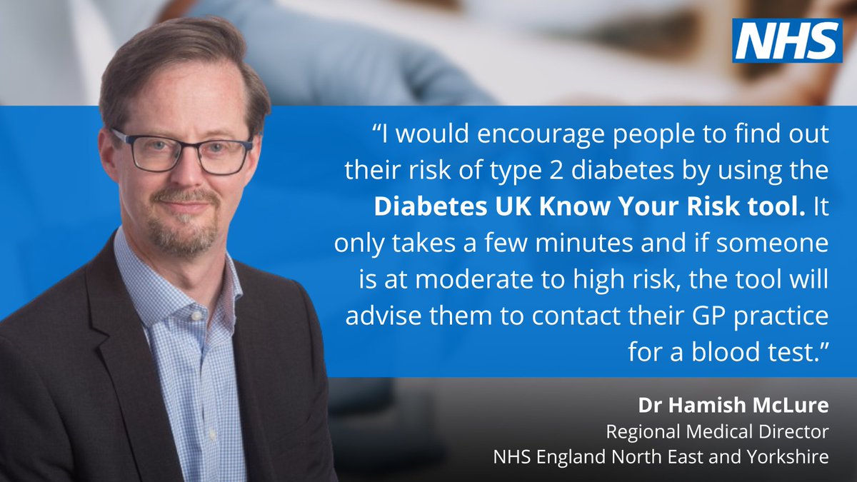 This #Type2DiabetesPreventionWeek, we're urging people across the region to check their risk by using an online tool. Type 2 diabetes can be prevented by🍏eating a healthy diet,⚖️maintaining a healthy weight🏃‍♀️& keeping physically active. 👉england.nhs.uk/north-east-yor…