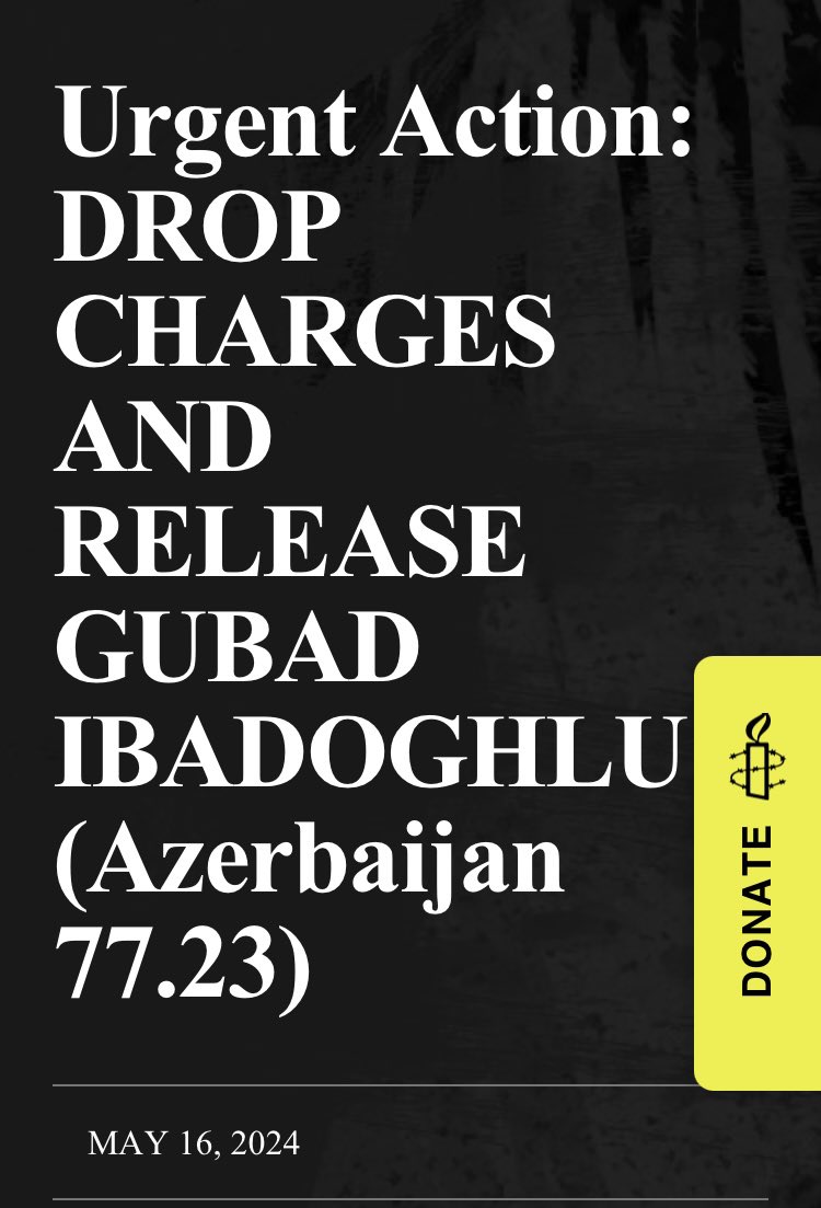 Amnesty International declared 4th Urgent Action for my father, demanding 'Drop Charges and release Dr. Gubad Ibadoghlu!' Please sign and send it to #Azerbaijan embassies in your country 🙏🏻 amnestyusa.org/urgent-actions… #FreeGubad #ExperienceAzerbaijan #Cop29 #cop29baku #cop29aze