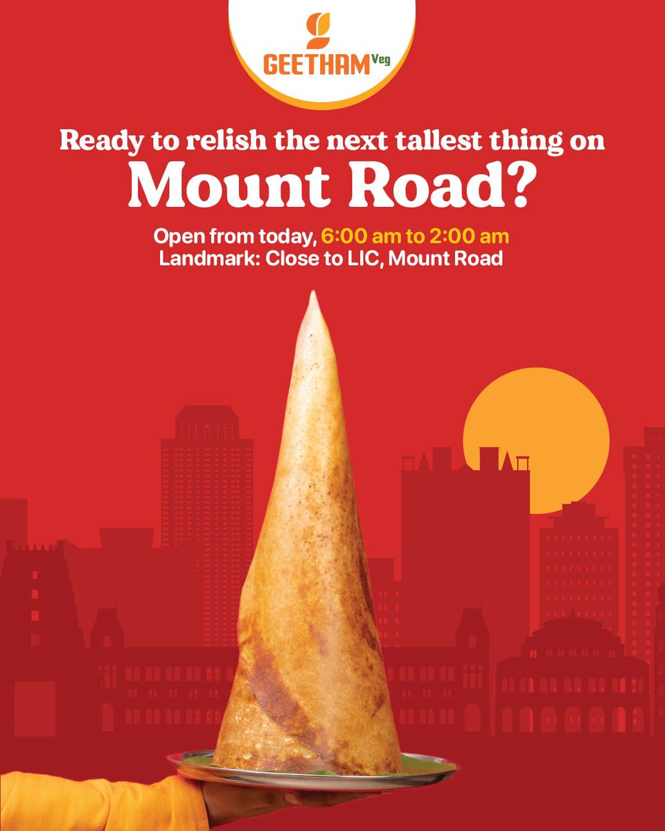 Chennai's Popular Vegetarian Restaurant Chain #Geetham 's newest branch is open now on Mount Road, near LIC.. Hours: 6 AM to 2 AM.. Time to relish the next tallest thing on Mount Road.. @geetham_veg #MountRoadilGeetham #MRG.