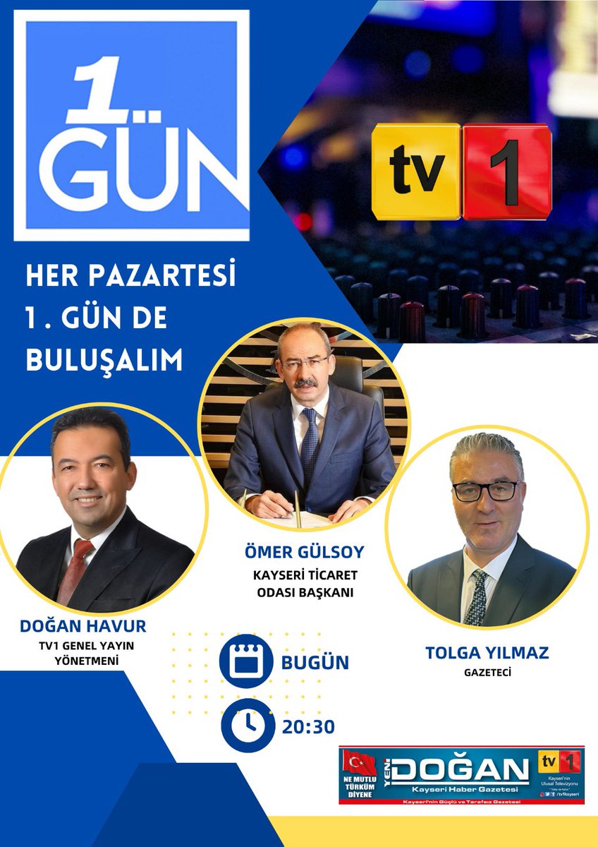 Bu akşam 20.30’da TV1 ekranlarında Genel Yayın Yönetmeni @HavurDogan ile Gazeteci @tolgailmaz ‘ın sunumuyla gerçekleştirilecek olan “1. Gün” programı canlı yayın konuğu olacağım.İyi seyirler dilerim. 🗓️20 Mayıs 2024 (Bu Akşam) 🕣20.30 📺@tv1kayseri