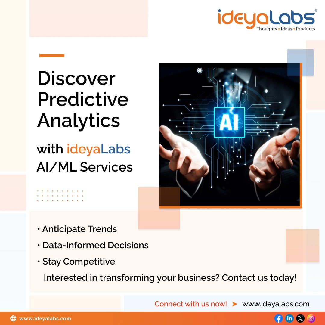 Explore @ideya_Labs Predictive #Analytics solutions to help your business anticipate trends, make #data-informed decisions, and stay competitive. Our #AIML expertise provides valuable insights to guide your strategy. Interested in transforming your business? Contact us today!