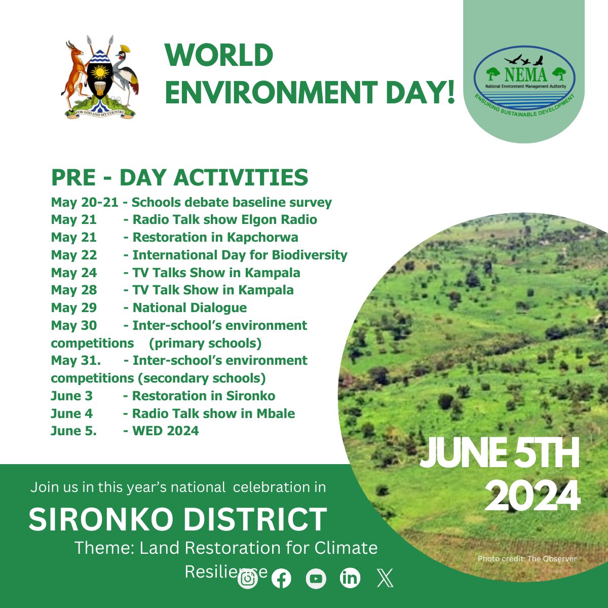 We are excited to share with you this year's pre-World Environment Day celebration activities! Join us in the celebration in Sironko District on 5th June, 2024. @ntvuganda , @newvisionwire , @ubctvuganda , @DailyMonitor , @nbstv @Abareriga @NKarekaho @william110707 @mkidandi