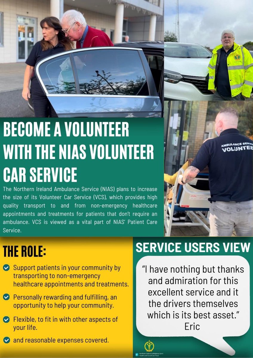 Volunteer today to become one of our VCS Drivers - for more information and how to apply, please visit our website nias.hscni.net/services/invol…