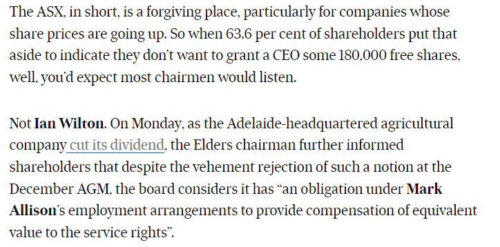 myriamrobin's tweet photo. Elders shareholders voted against giving the CEO $1m worth of free shares so Elders' board has given him the balance in cash instead 

Tomorrow's column: https://t.co/BNsyKYr2lI https://t.co/LgFYKXEPIZ