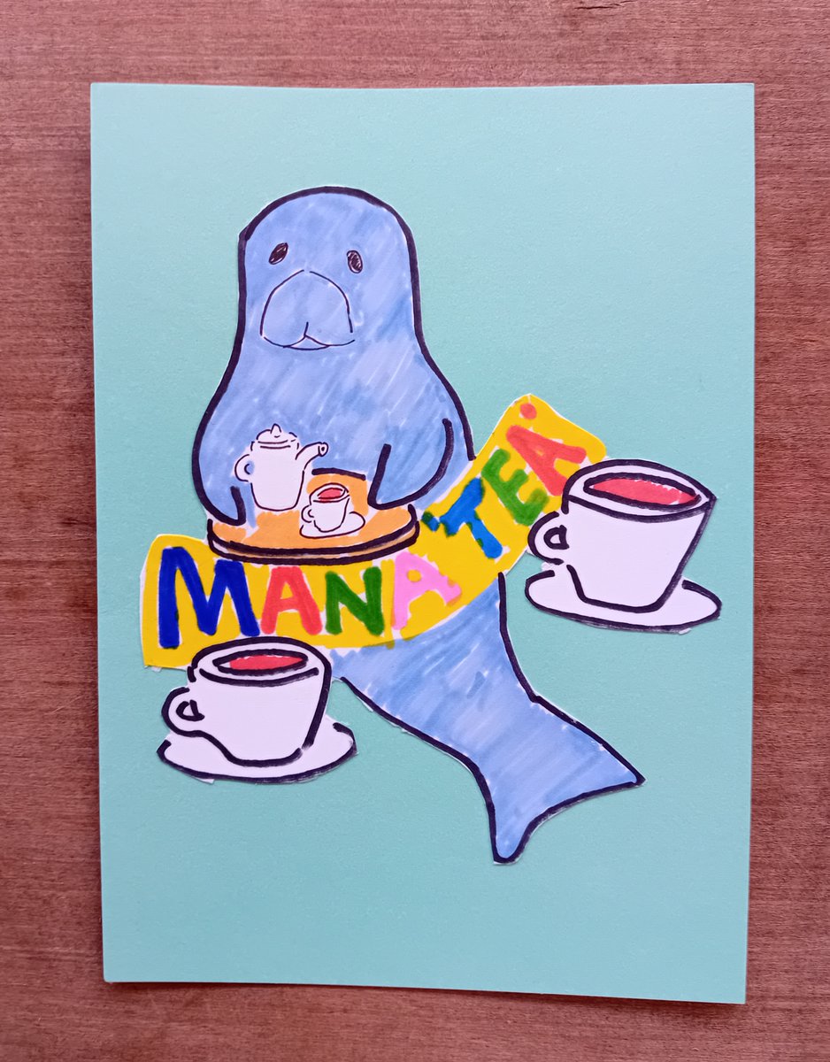Ever seen a Manatee drinking tea? Well, here you go! 'Manatea'! This fun hand drawn card is now available at axelinaproductions.etsy.com #manatee #manatea #handmadecards #kawaii #teadrinker #lovetea #seacow #homemade #handdrawn #illustration #funcard #humorouscards #elevenseshour