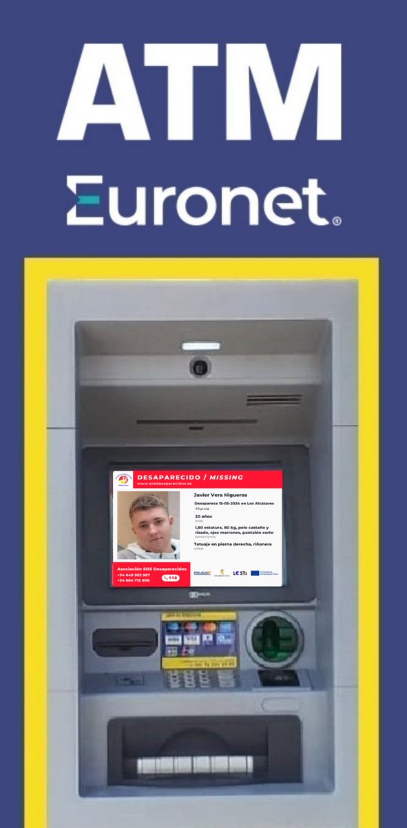 📢 Activamos la Red de cajeros automáticos de Euronet ATMs Cajeros España, para difundir la alerta de Javier, desaparecido en Los Alcázares.  #Desaparecido #sosdesaparecidos #Murcia #EuronetATMsEU. facebook.com/EuronetATMsES/