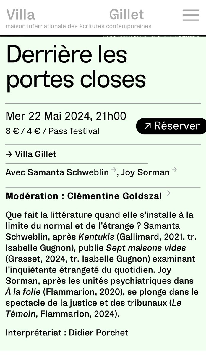 C’est mercredi, c’est à Lyon, à la @villagillet, c’est avec Joy Sorman et Samantha Schweblin et les portes ne seront pas closes. Venez!