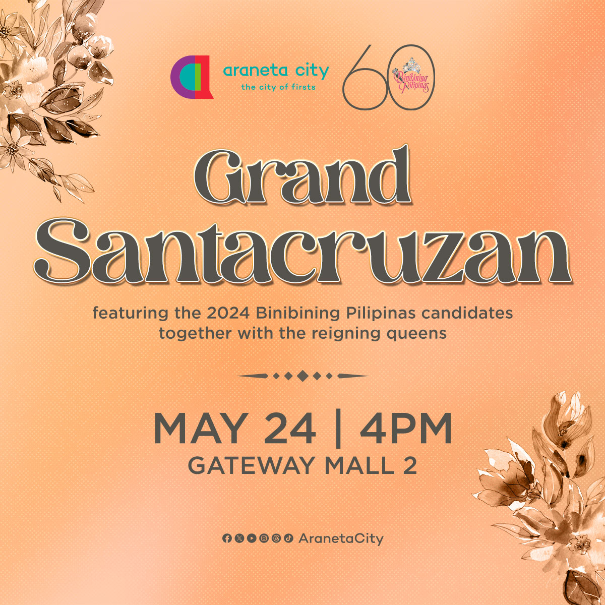 Time to witness the Binibining Pilipinas 2024 beauties in full bloom! 🌺🌼✨ In celebration of Araneta's 70 years of pioneering legacy, join us as we bring back 'The Grand Santacruzan' here at the #CityOfFirsts! #DiscoverTheNewGateway #AranetaCity #CityOfFirsts