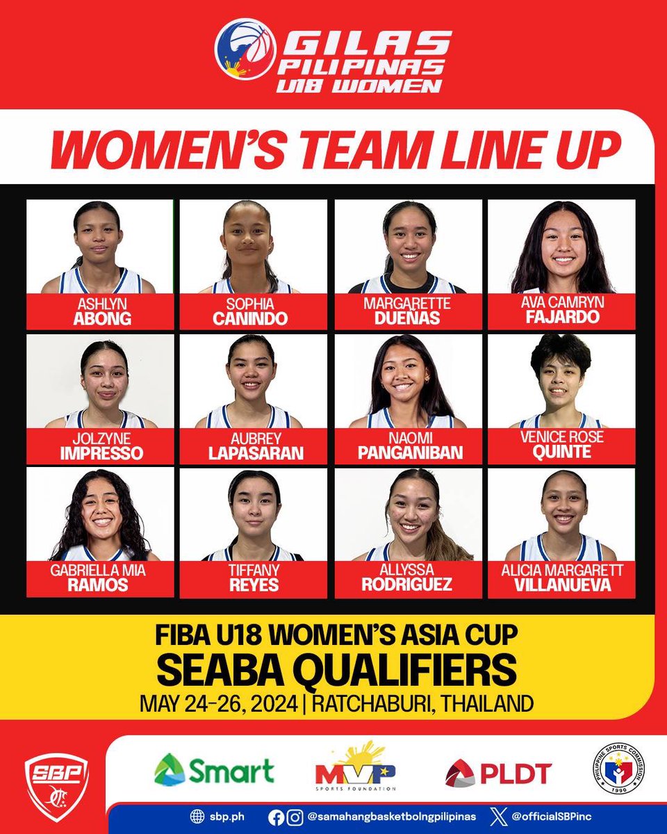 The future looks bright for PH Women's Basketball! ⛹️‍♀️

Presenting the final team roster for the Gilas Pilipinas U18 Women's Basketball Team that will compete this May 24-26 at the Ratchaburi Gymnasium in Thailand.

Laban Pilipinas! #Puso
