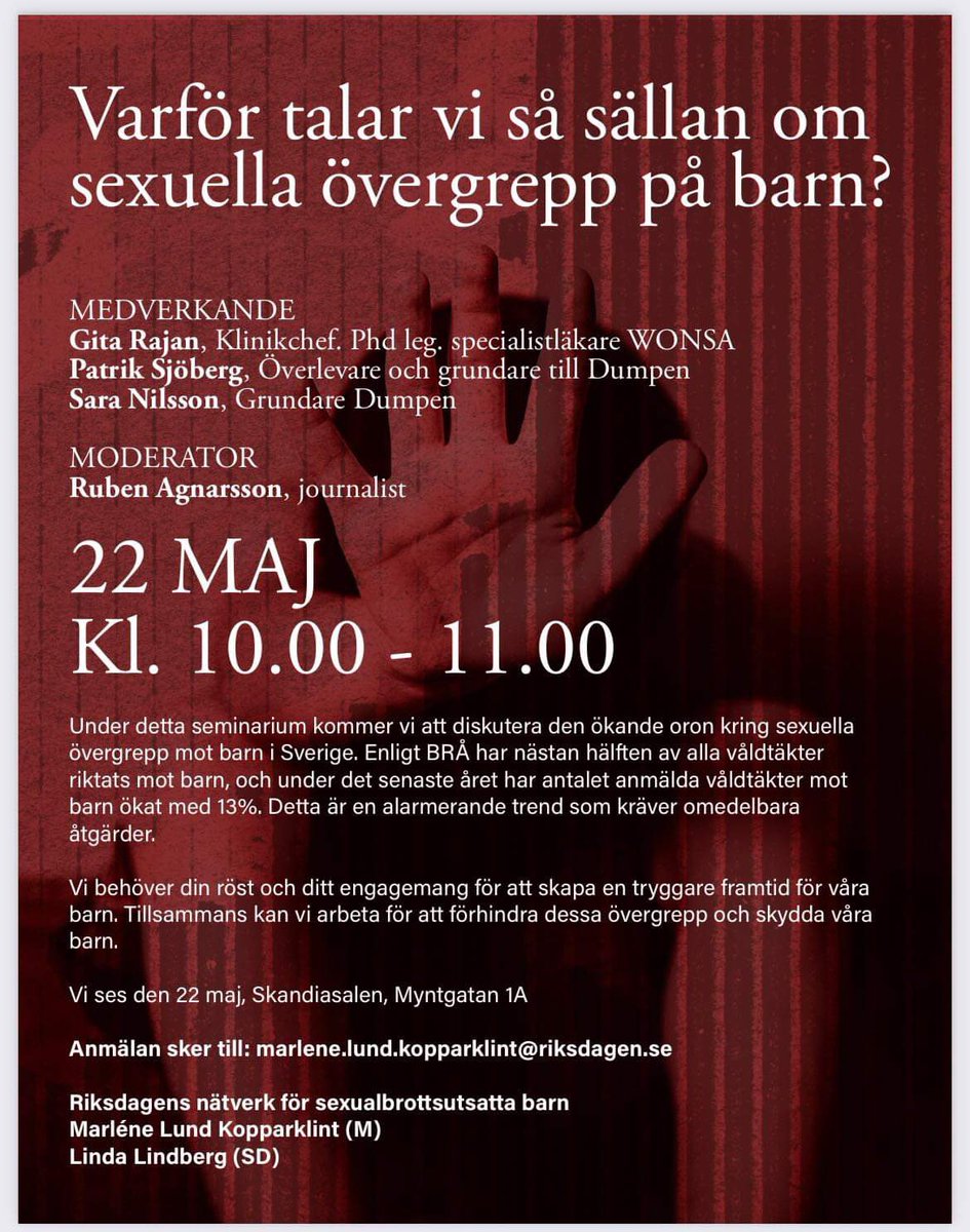 Den 22/5 ska vi och specialistläkare Gita Rajan från WONSA medverka i ett andra seminarium i Sveriges Riksdag. Otroligt tacksam för alla riksdagsledamöter som vill veta mer om sexuella övergrepp på barn och höra hur verkligheten för utsatta barn ser ut idag.