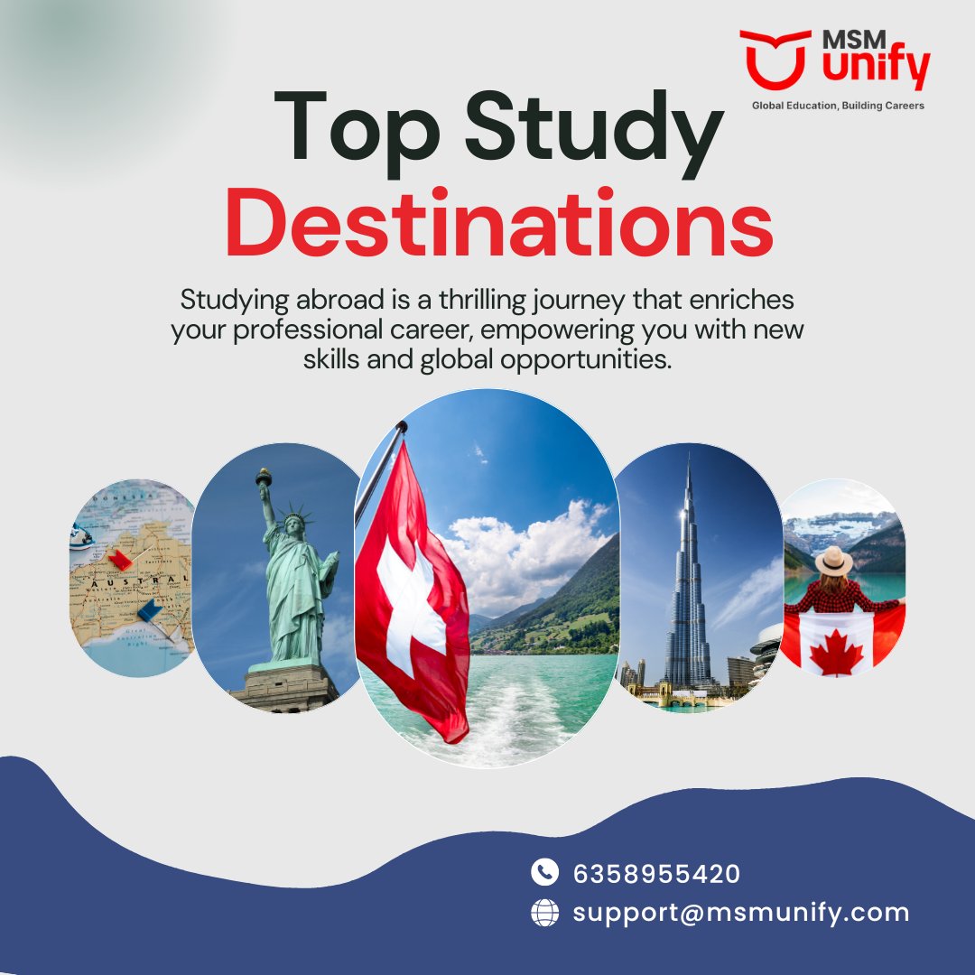 Discover the top study destinations worldwide for international students. Explore countries offering excellent education, affordable tuition, and enriching cultural experiences.
Contact: msmunify.com/top-study-dest…